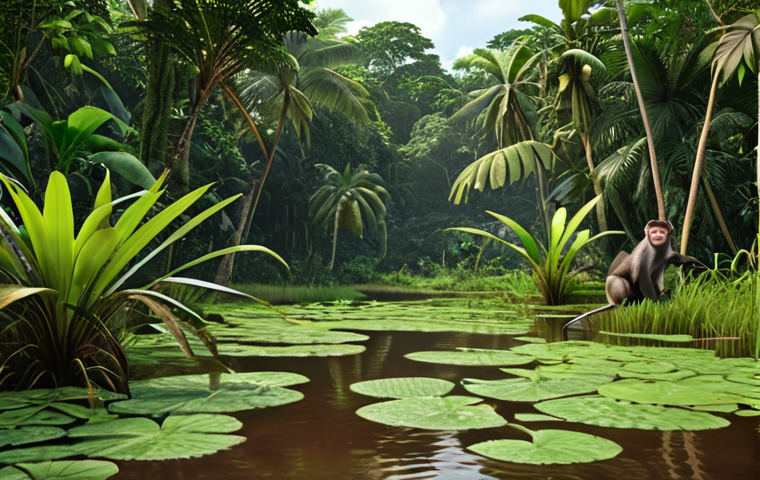**Lush rainforest and wetlands of Guinea-Bissau, showcasing diverse plant life and unique monkey species.**