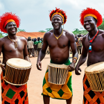A vibrant and energetic scene capturing the essence of Guinea-Bissau's Bissau Carnival. Traditional musicians joyfully play Balafons, Djembe drums, and Koras, surrounded by people dancing in elaborate, colorful costumes and intricately carved masks. The atmosphere is festive and communal, with dynamic movement and celebratory lighting, reflecting the spirit of West African culture.