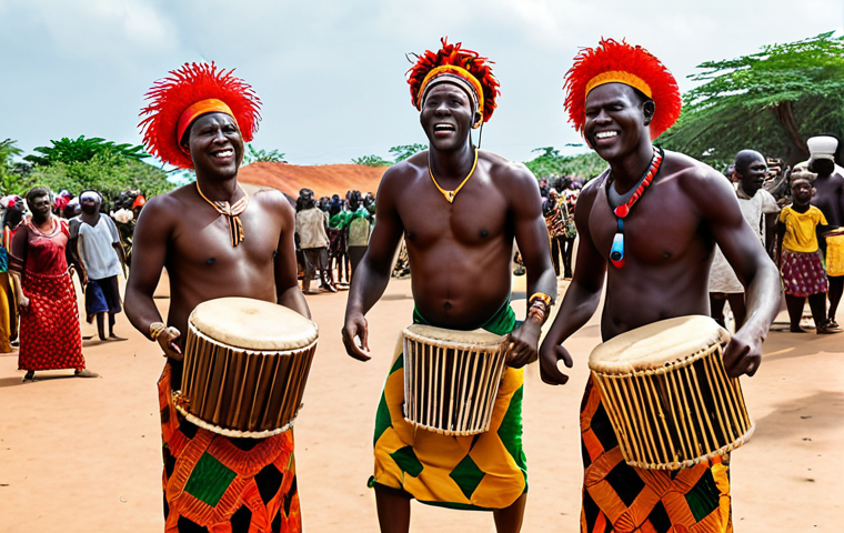 A vibrant and energetic scene capturing the essence of Guinea-Bissau's Bissau Carnival. Traditional musicians joyfully play Balafons, Djembe drums, and Koras, surrounded by people dancing in elaborate, colorful costumes and intricately carved masks. The atmosphere is festive and communal, with dynamic movement and celebratory lighting, reflecting the spirit of West African culture.