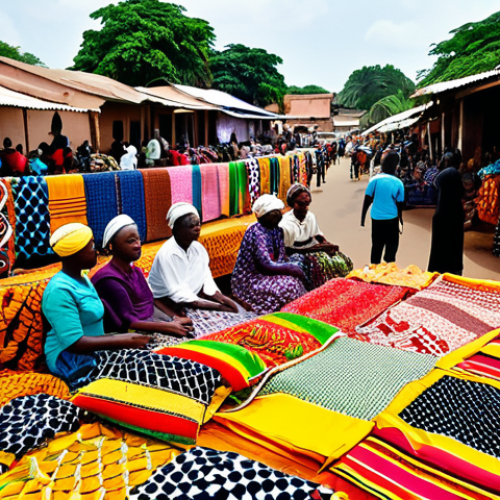 **

"A vibrant marketplace in Bissau, Guinea-Bissau, featuring local vendors selling colorful "pagne" fabric. Women are dressed in modest, traditional West African clothing. Focus on the textures and patterns of the textiles. Background includes bustling activity and local architecture. Safe for work, appropriate content, fully clothed, professional photography, natural lighting, perfect anatomy, modest attire."

**
