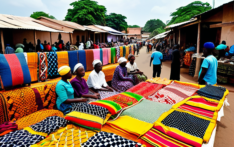 **

"A vibrant marketplace in Bissau, Guinea-Bissau, featuring local vendors selling colorful "pagne" fabric. Women are dressed in modest, traditional West African clothing. Focus on the textures and patterns of the textiles. Background includes bustling activity and local architecture. Safe for work, appropriate content, fully clothed, professional photography, natural lighting, perfect anatomy, modest attire."

**